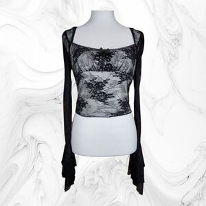 Dolls Kill Widow NWT Black Sheer Mesh Floral Lace Bell Sleeve Crop Top Size L